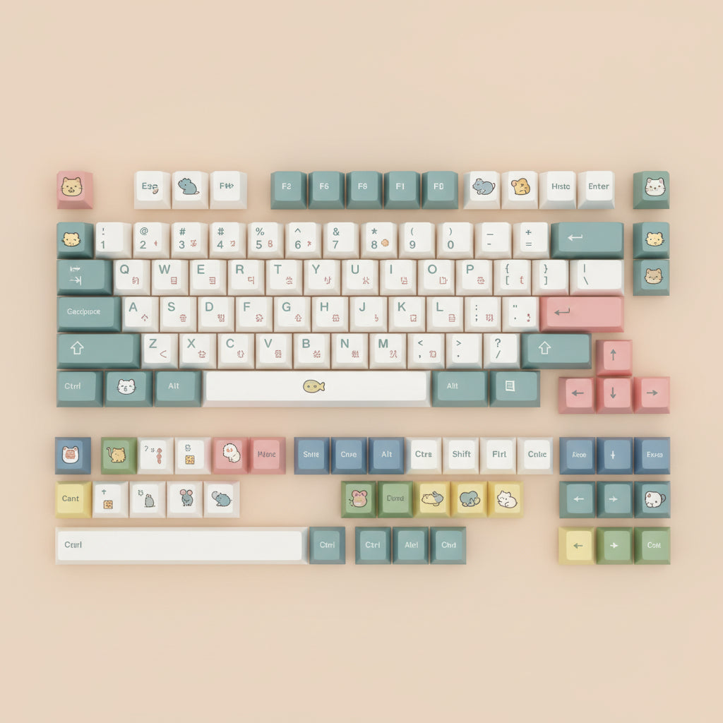 Set of Moa Pbt keycaps with cartoon designs on a light background