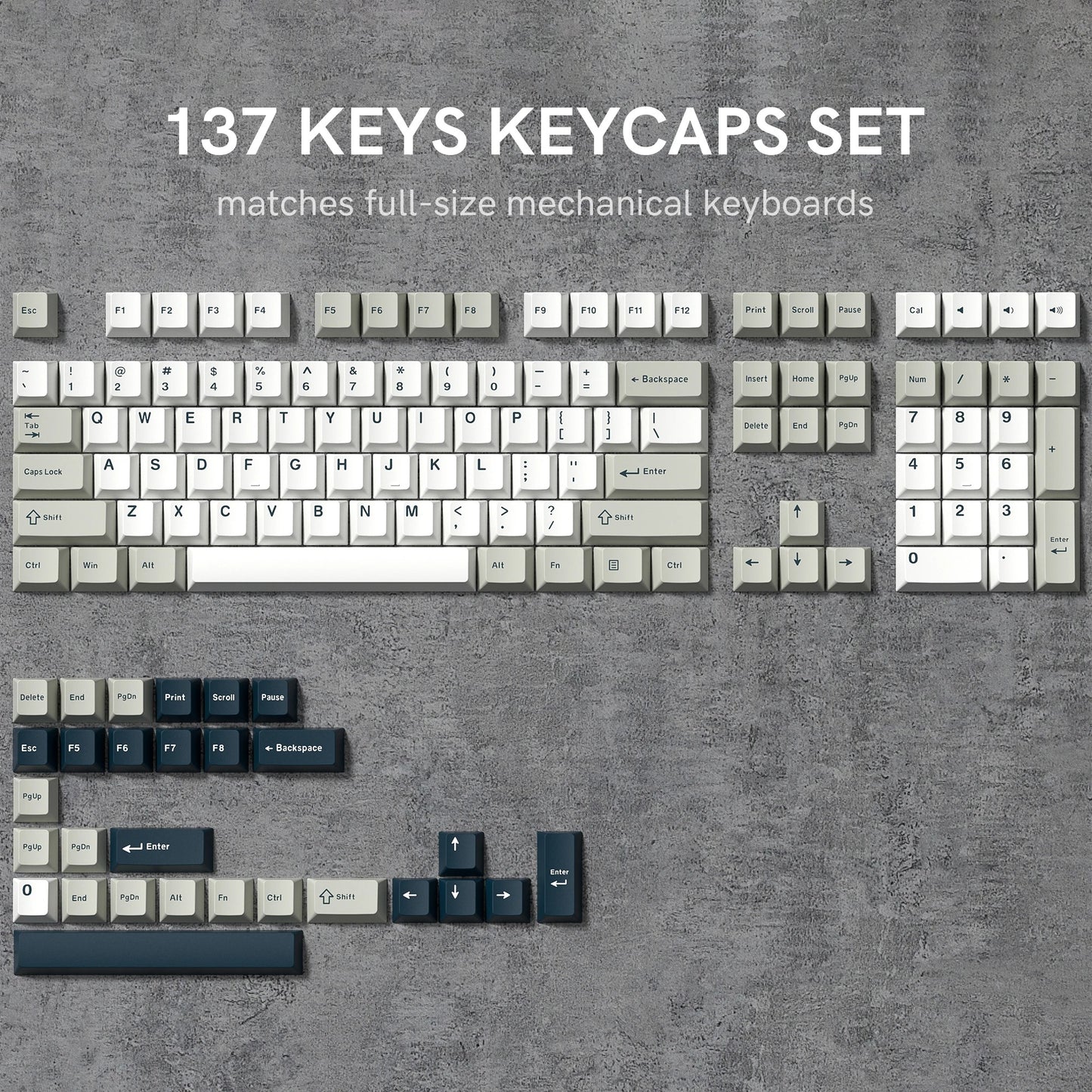 Set of 137 keys keycaps for full-size mechanical keyboards on a gray surface.