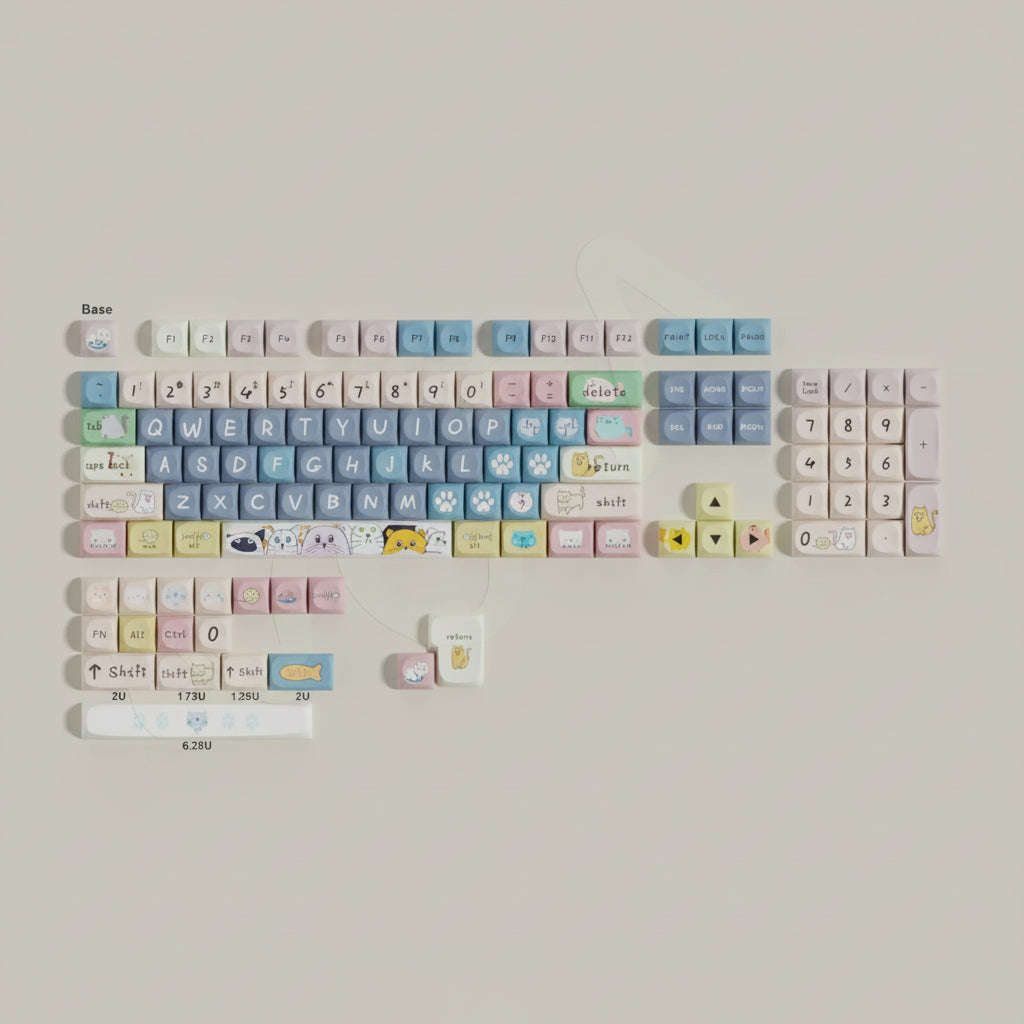 Keyboard with colorful keycaps on a light gray background, featuring text 'MOA Profile Pbt Keyacps Cat And Mouse' and 'English'.