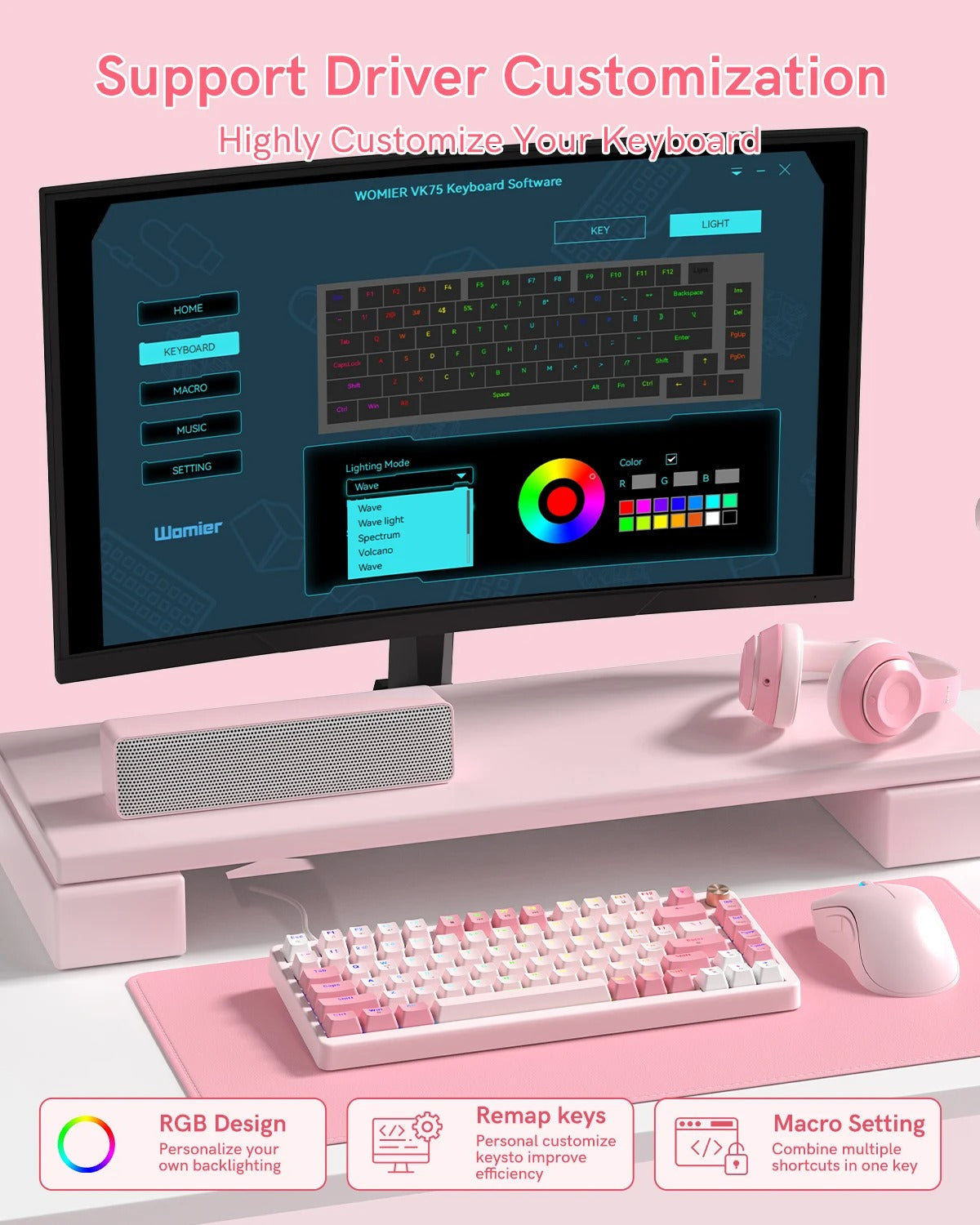 Womier VK75 Retro Pink Mechanical Keyboard | 75% Hot-Swappable Layout with Multi-Function Knob & RGB Backlight