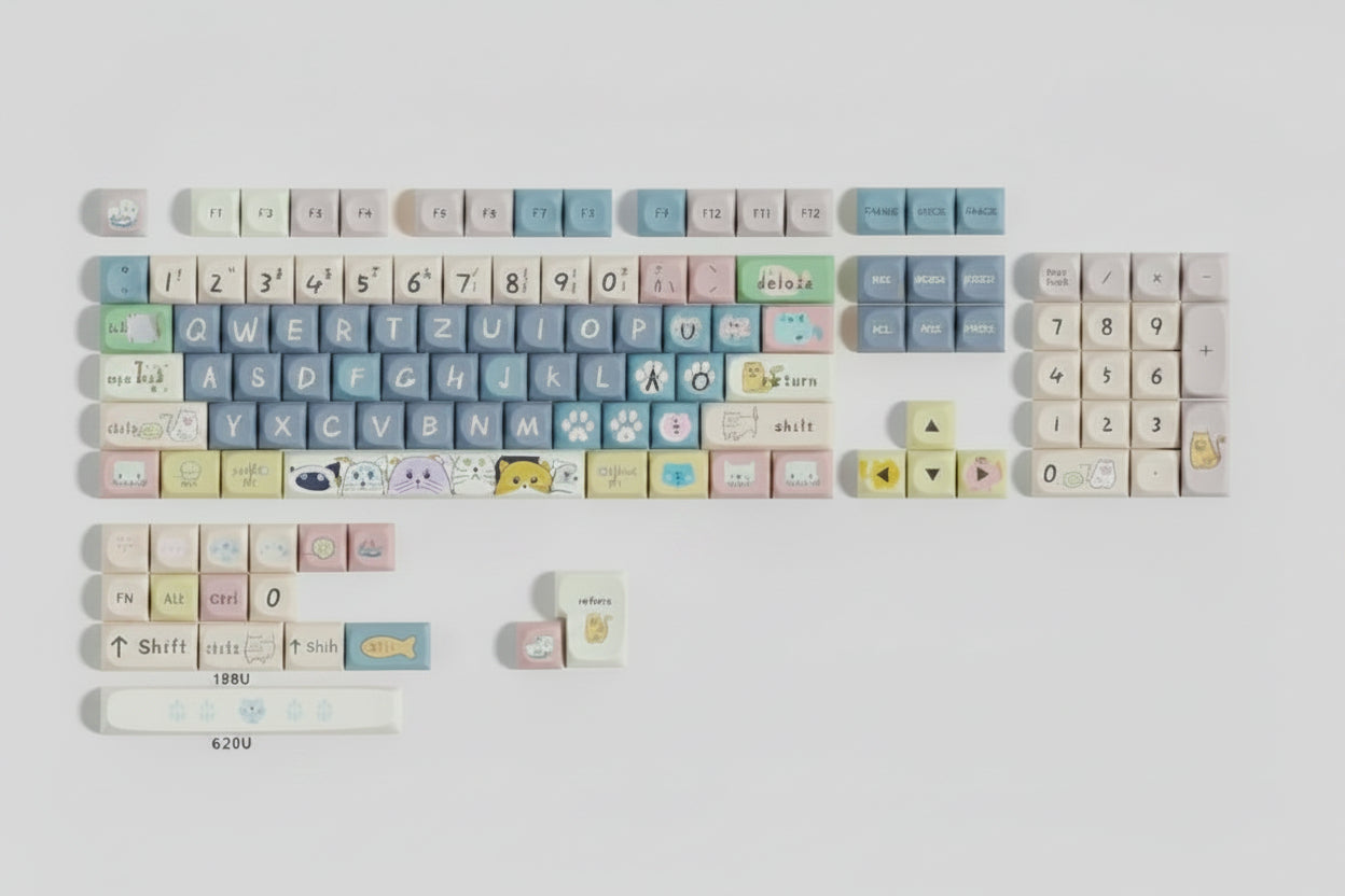 Set of Moa Pbt Keycaps with 'Cat and Mouse' design on a light background