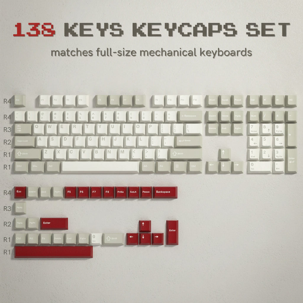Set of 138 keys keycaps for full-size mechanical keyboards on a gray background