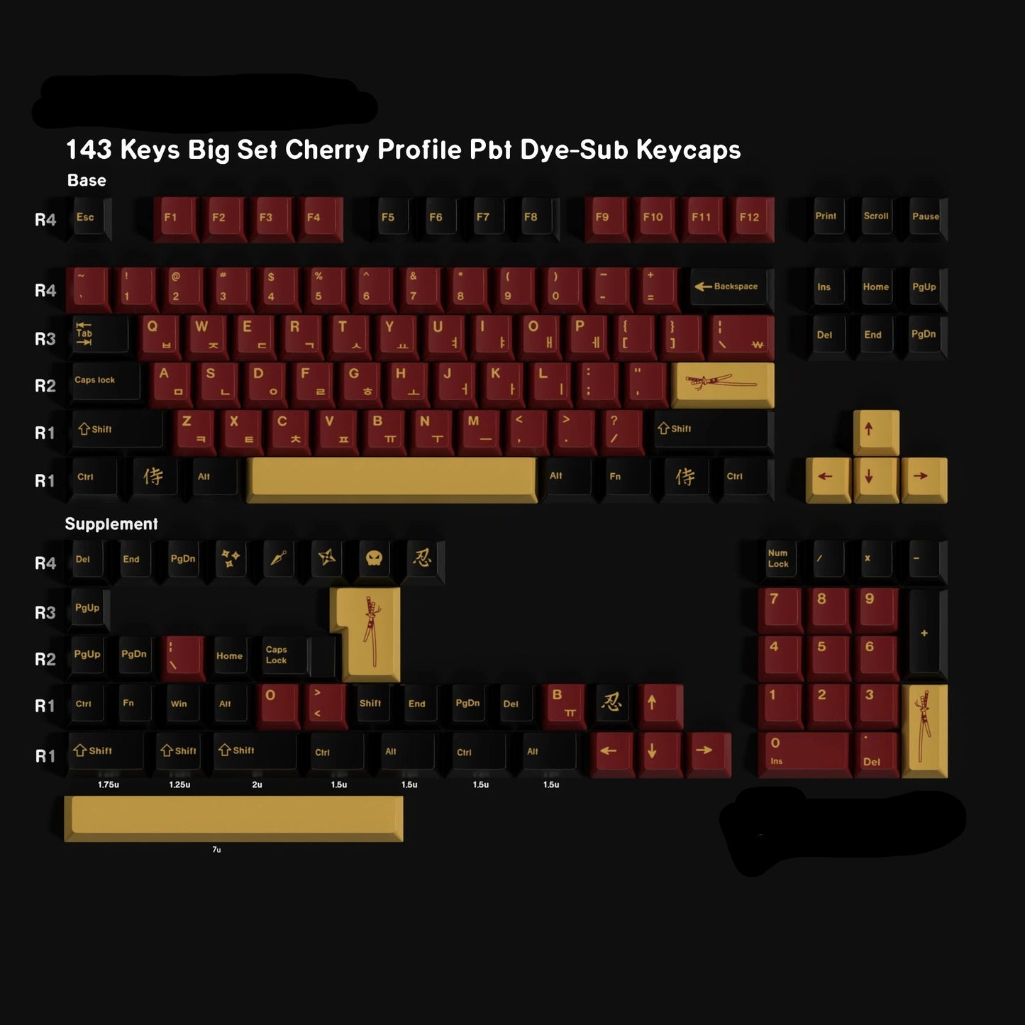 Keyboard keycaps set with Red-Samurai branding on a black background