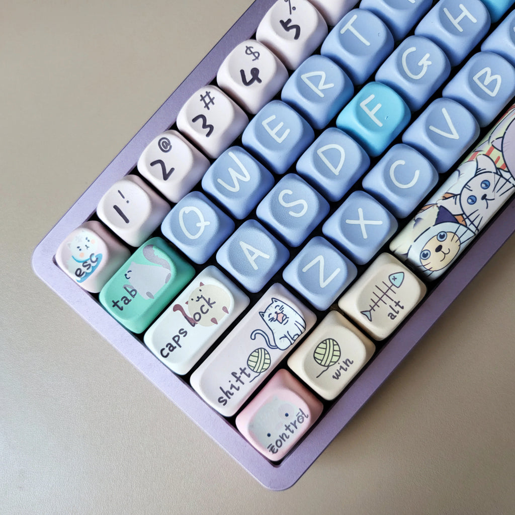 Keyboard with cartoon character keycaps on a light background