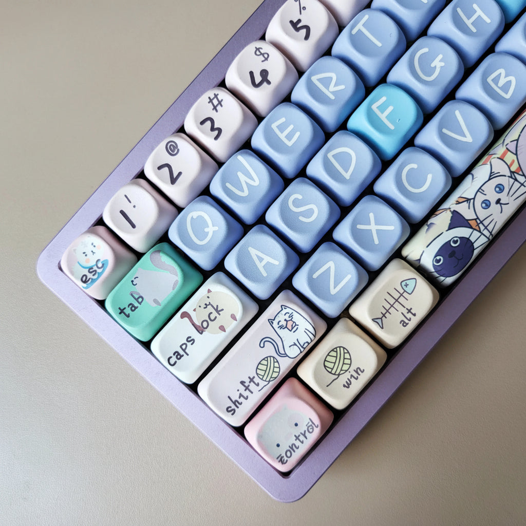 Keyboard with cartoon character keycaps on a light background