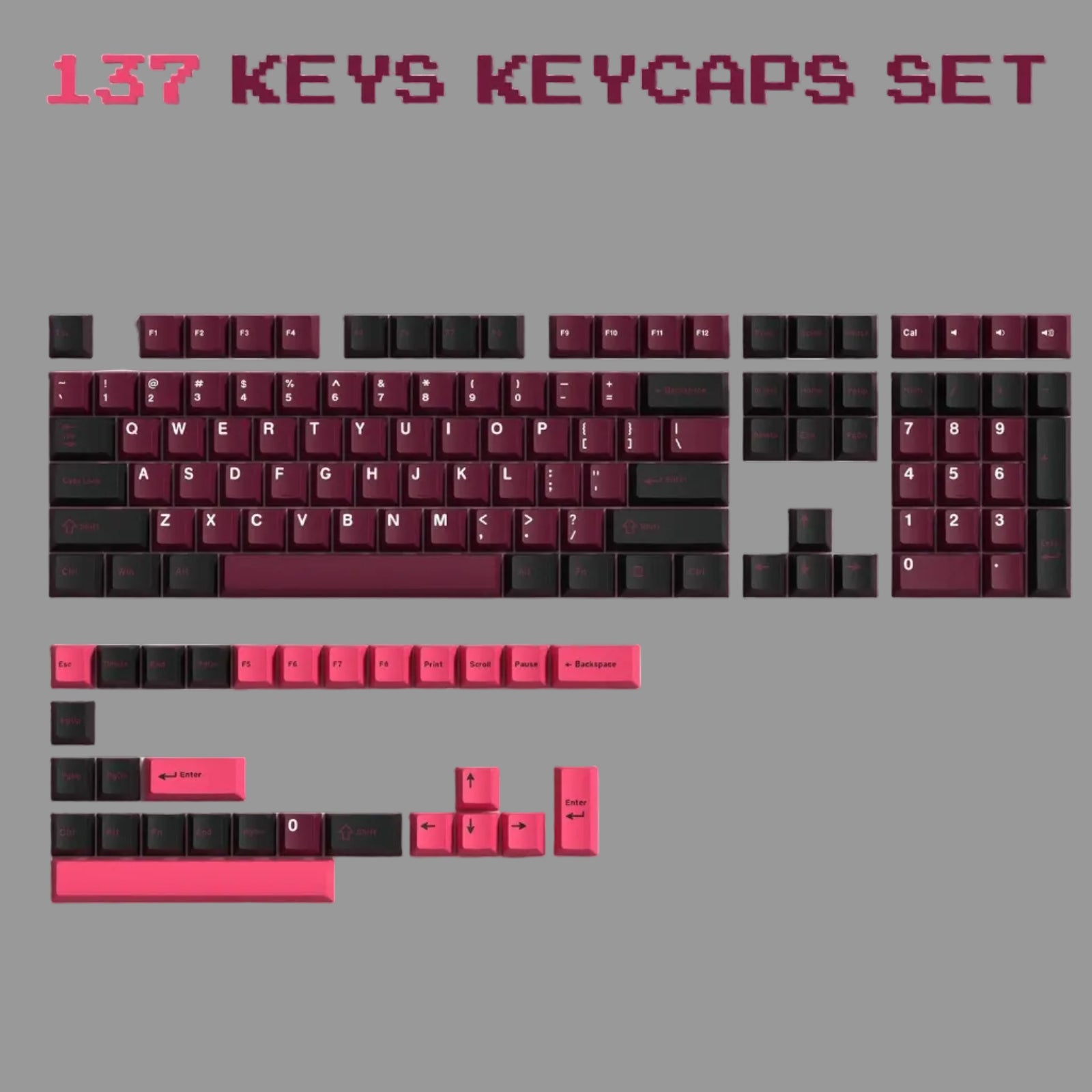Set of 137 keys keycaps for a full-size mechanical keyboard on a pink background.