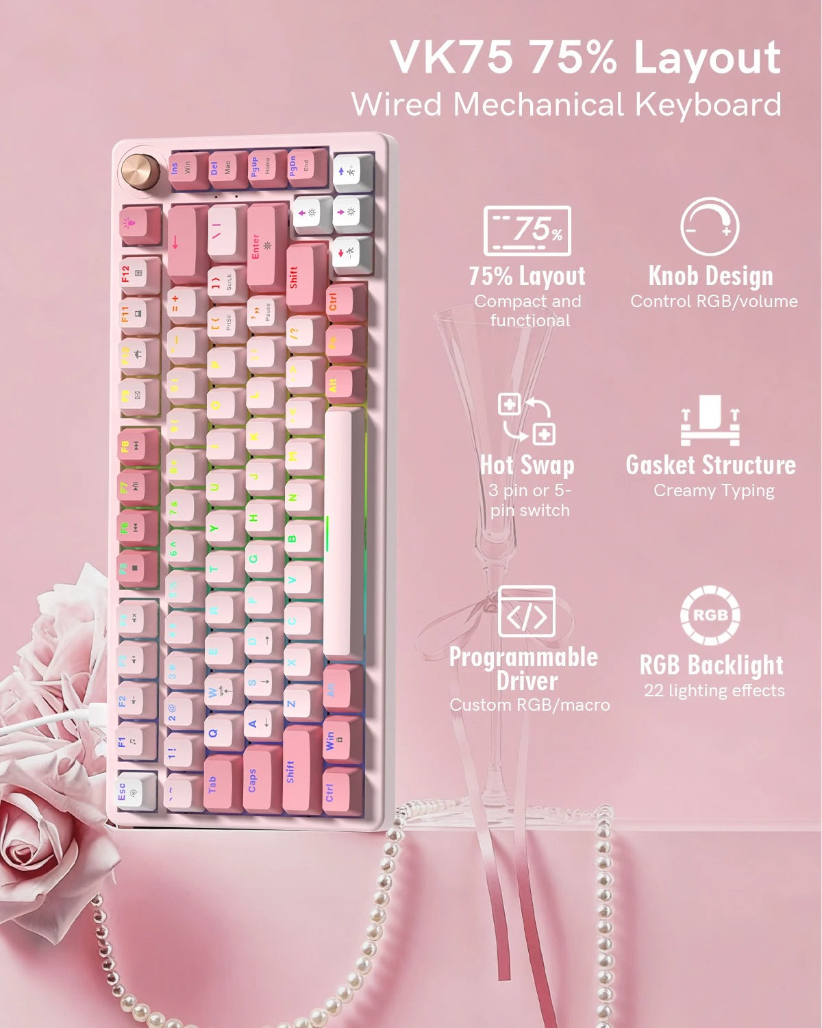 Womier VK75 Retro Pink Mechanical Keyboard | 75% Hot-Swappable Layout with Multi-Function Knob & RGB Backlight