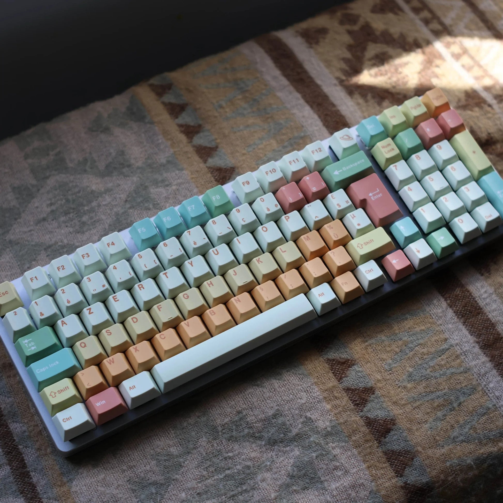 Colorful keyboard on a patterned surface