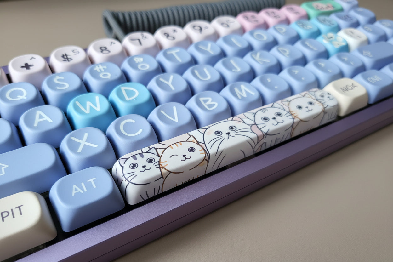 Keyboard with cat-themed keycaps on a neutral background