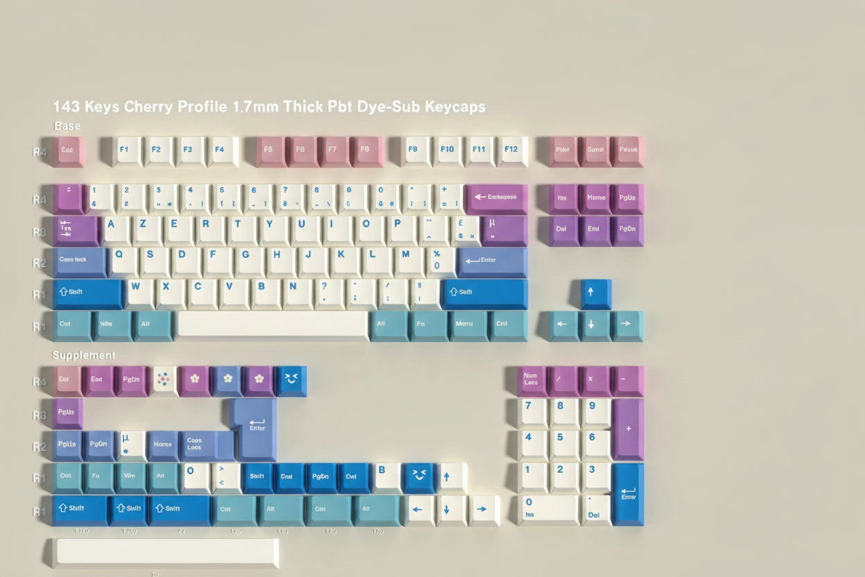Keyboard keycaps layout with colorful keycaps on a beige background