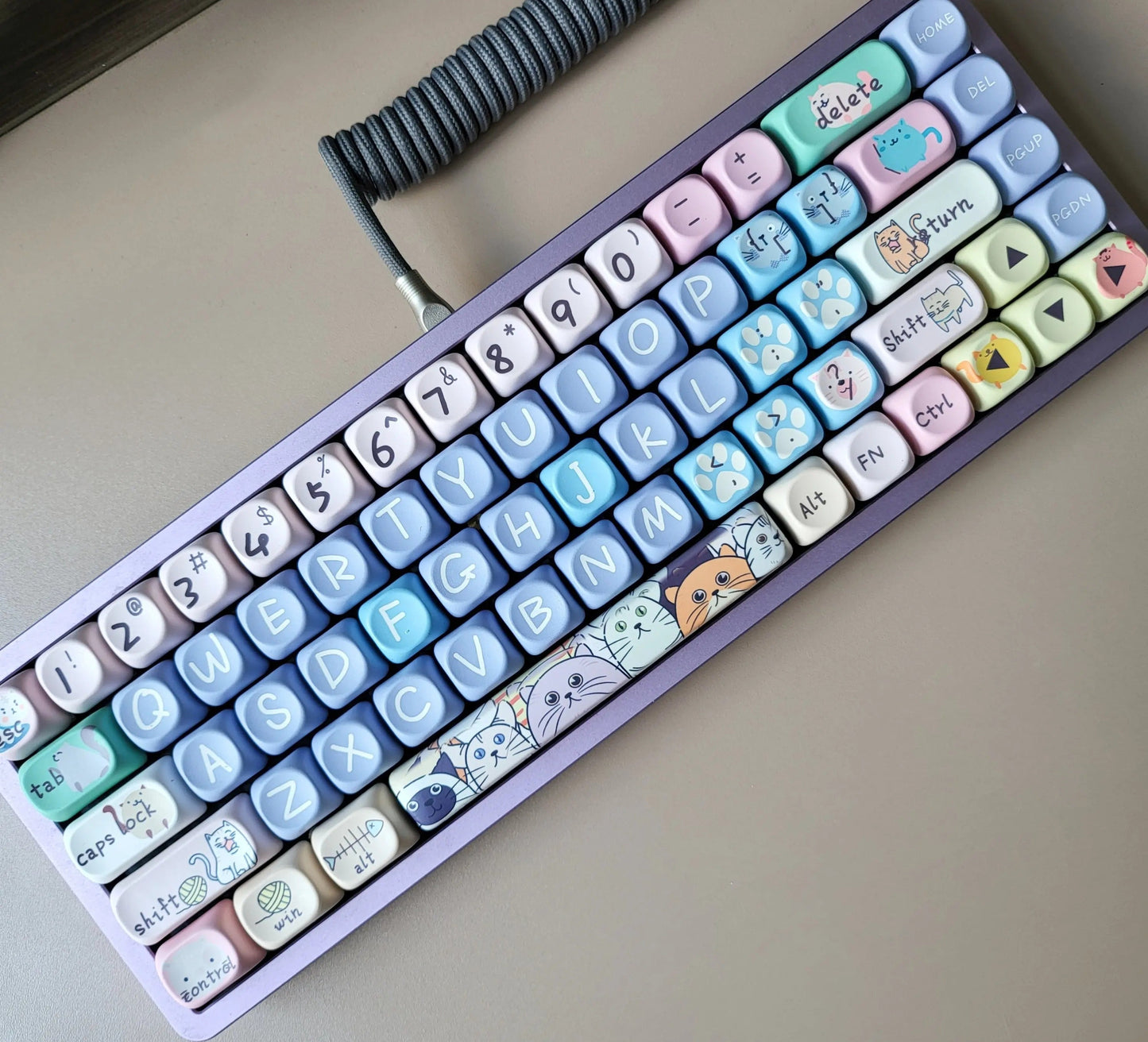 Colorful keyboard with cartoon keycaps on a neutral background