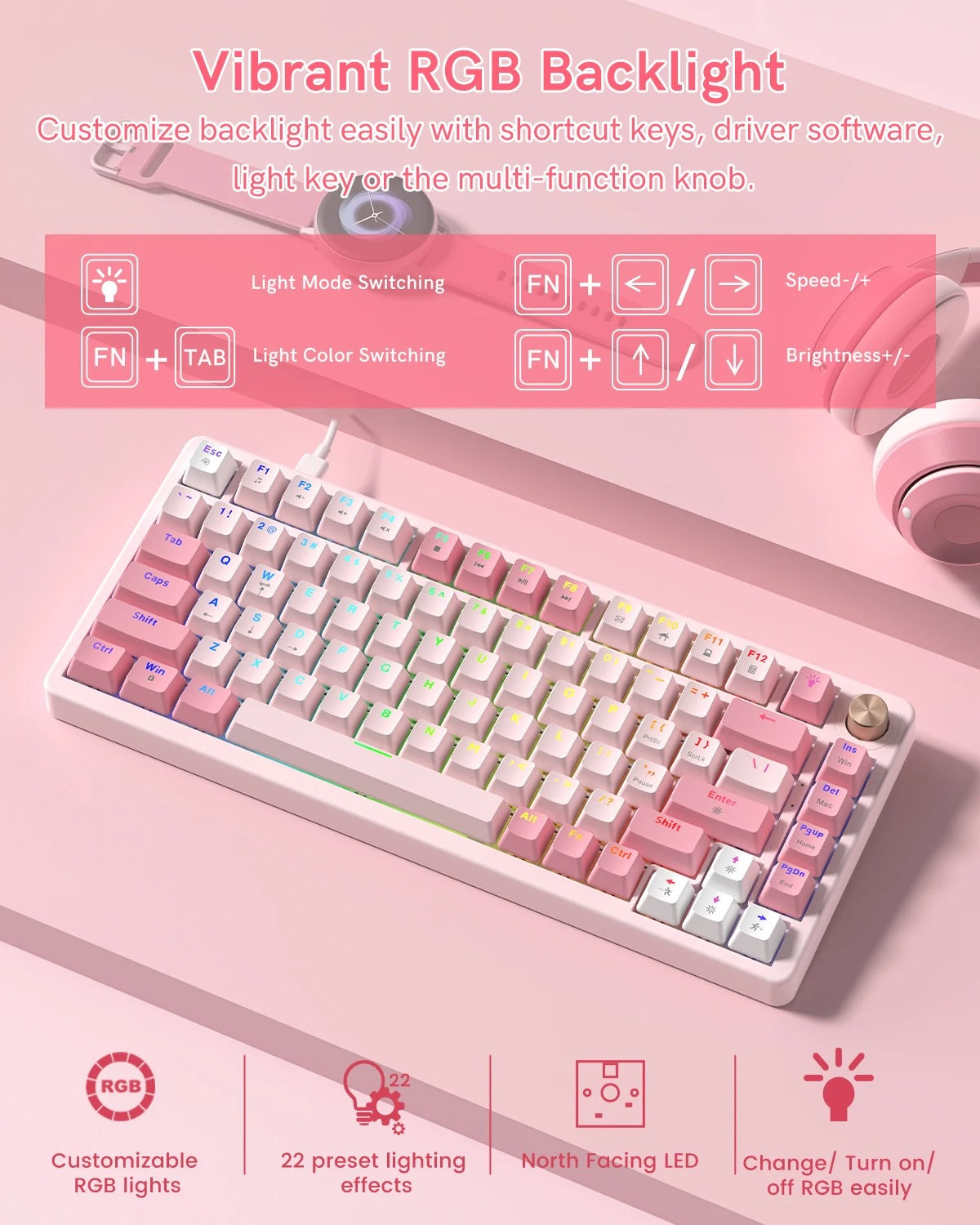 Womier VK75 Retro Pink Mechanical Keyboard | 75% Hot-Swappable Layout with Multi-Function Knob & RGB Backlight