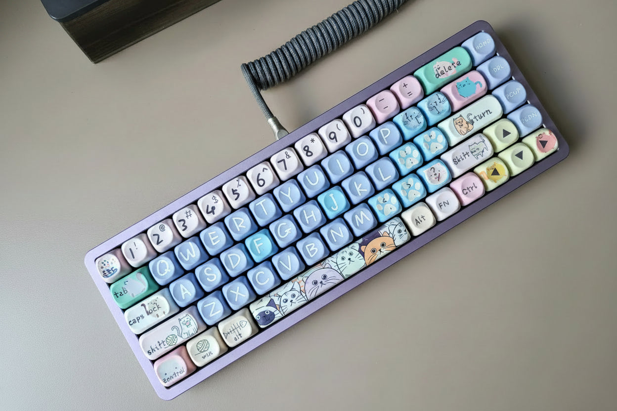 Colorful keyboard with cartoon keycaps on a neutral background