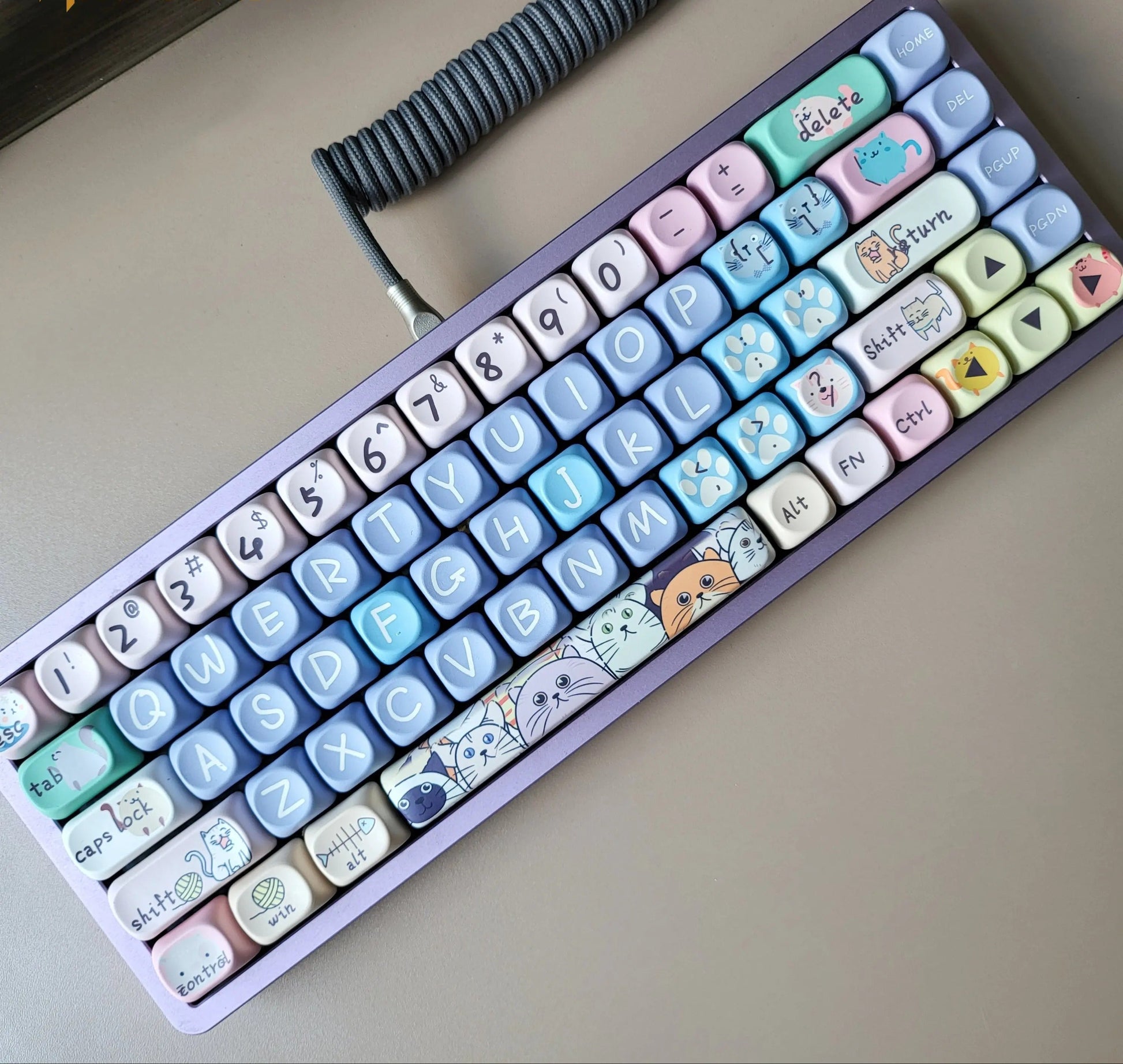 Colorful keyboard with cartoon keycaps on a neutral background