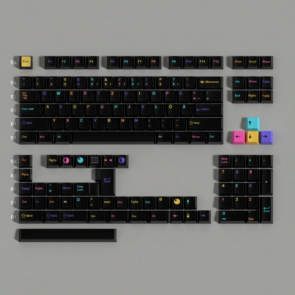 Keyboard keycaps set with various keys displayed on a gray background, labeled 'Underworlds R1'.