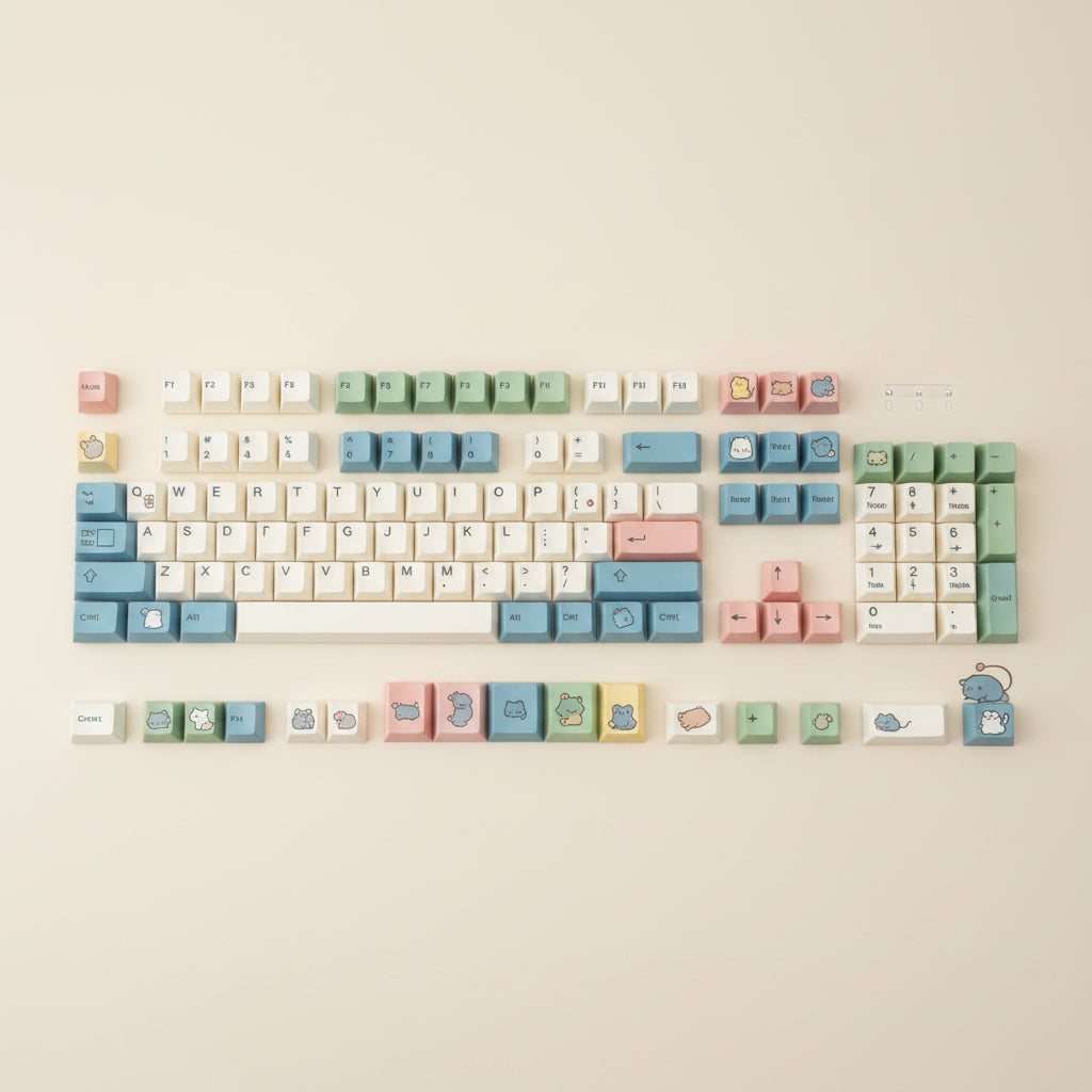 Set of Moa Pbt keycaps with cat and mouse design on a light background