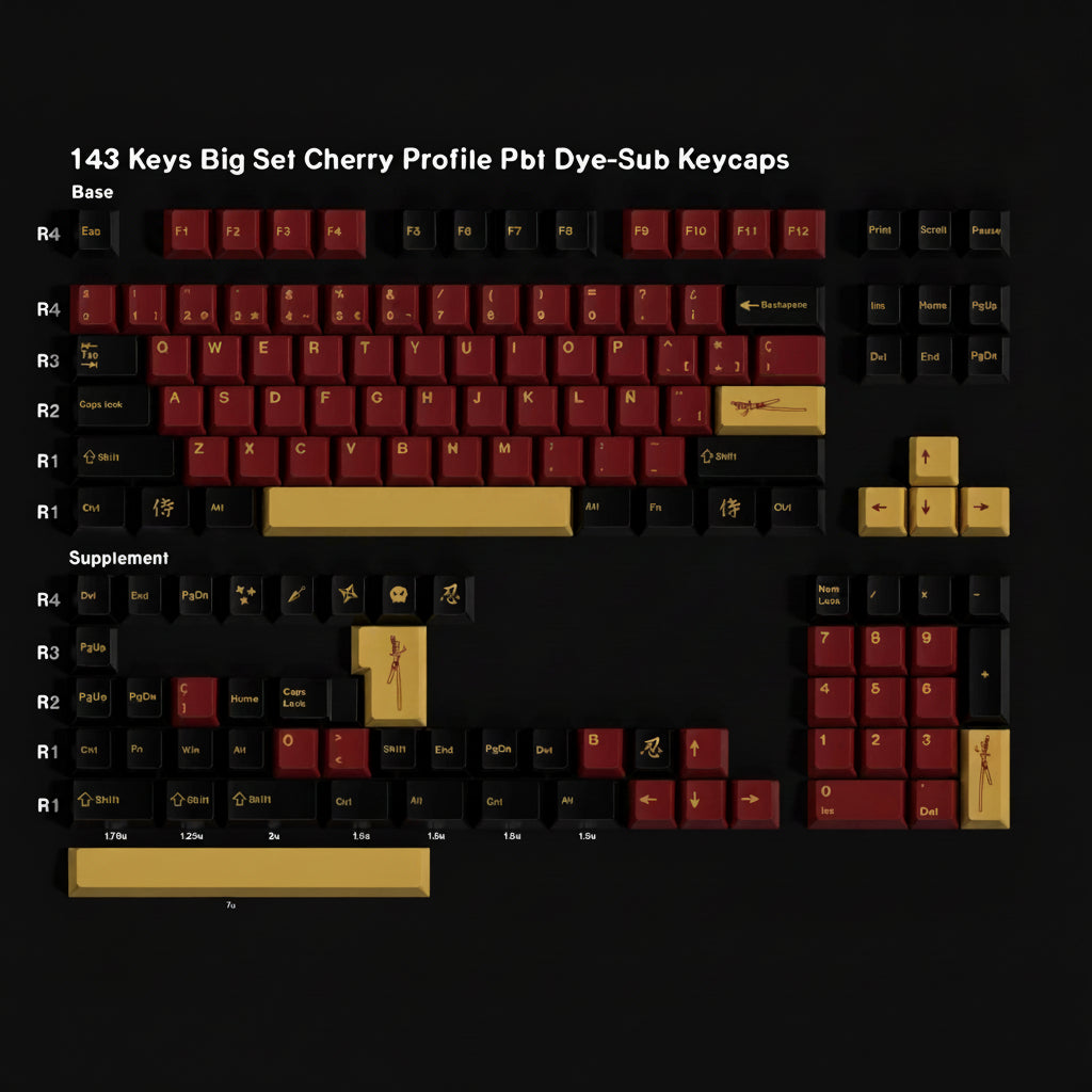 Keyboard keycaps set with Red-Samurai branding on a black background