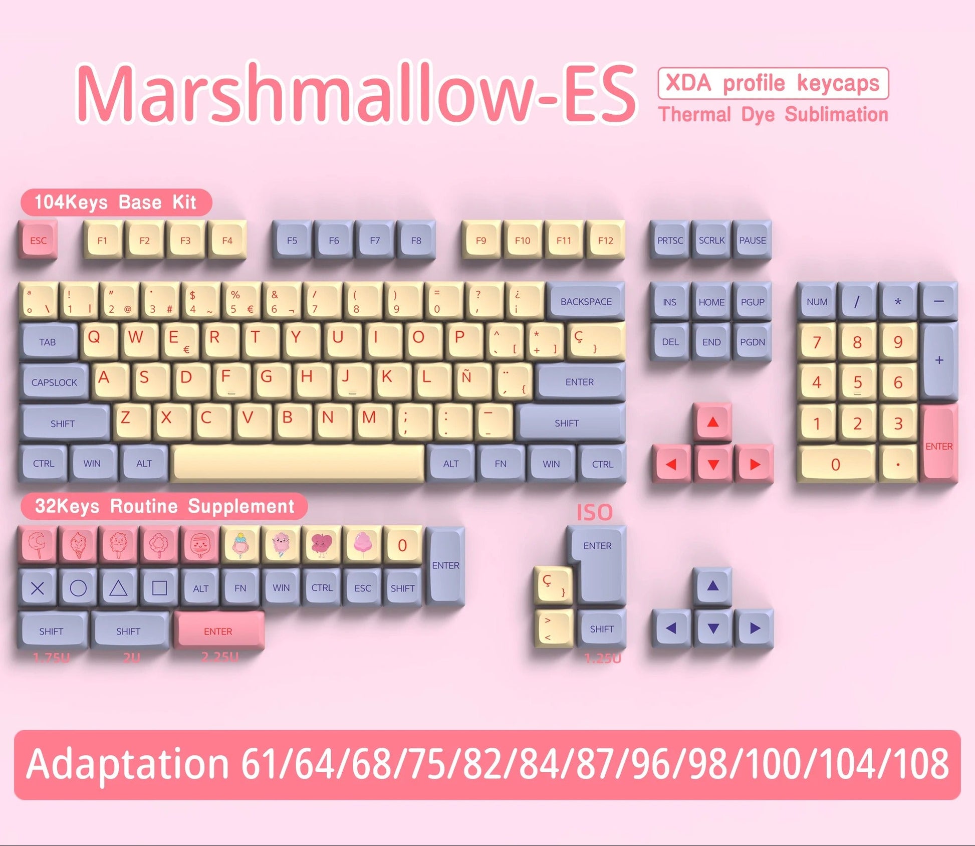 Keyboard keycaps set on a pink background with text indicating product details.